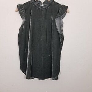 NWT LOFT Ruffle Sleeve Velvet Top Shirt Blouse Green Size XS